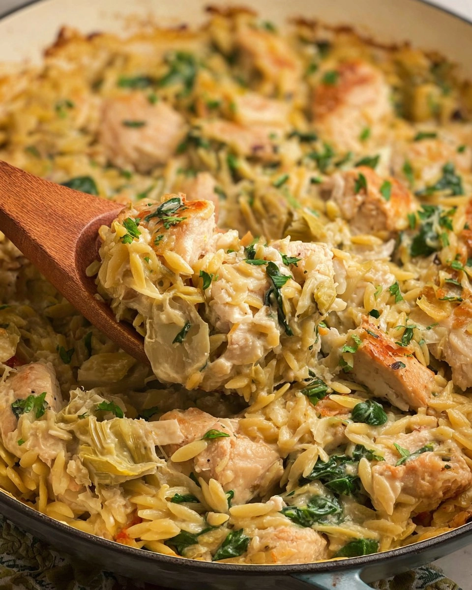 One Pan Spinach Artichoke Chicken Orzo