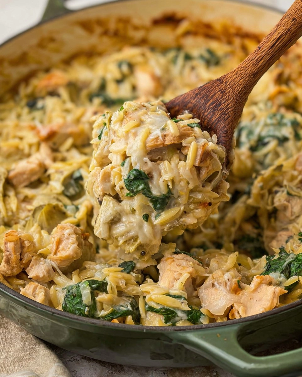 One Pan Spinach Artichoke Chicken Orzo