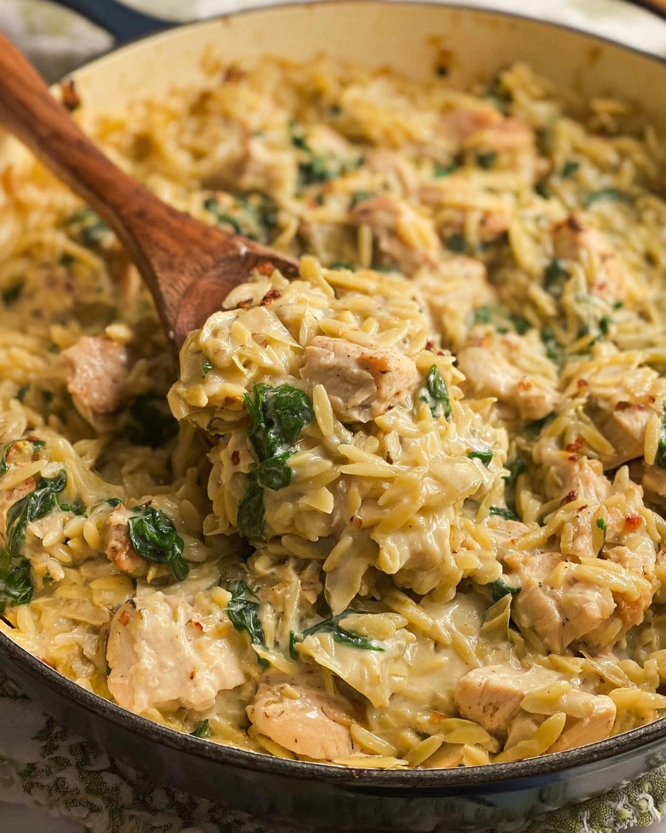 One Pan Spinach Artichoke Chicken Orzo