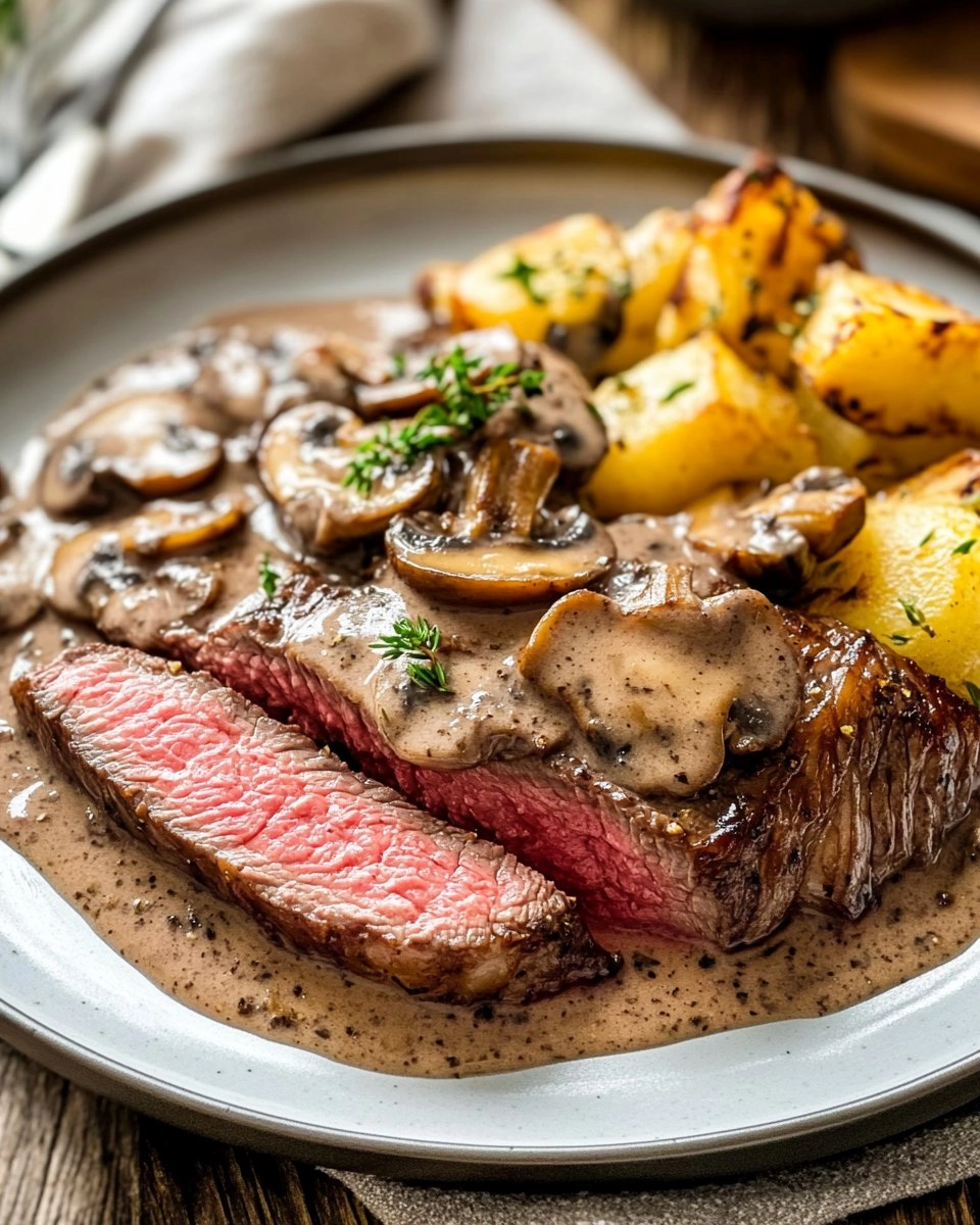 Pink Roasted Steak with Mushroom Sauce 