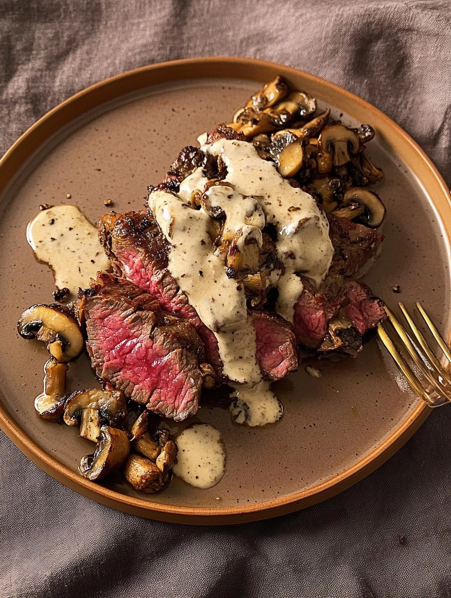 Pink Roasted Steak with Mushroom Sauce 