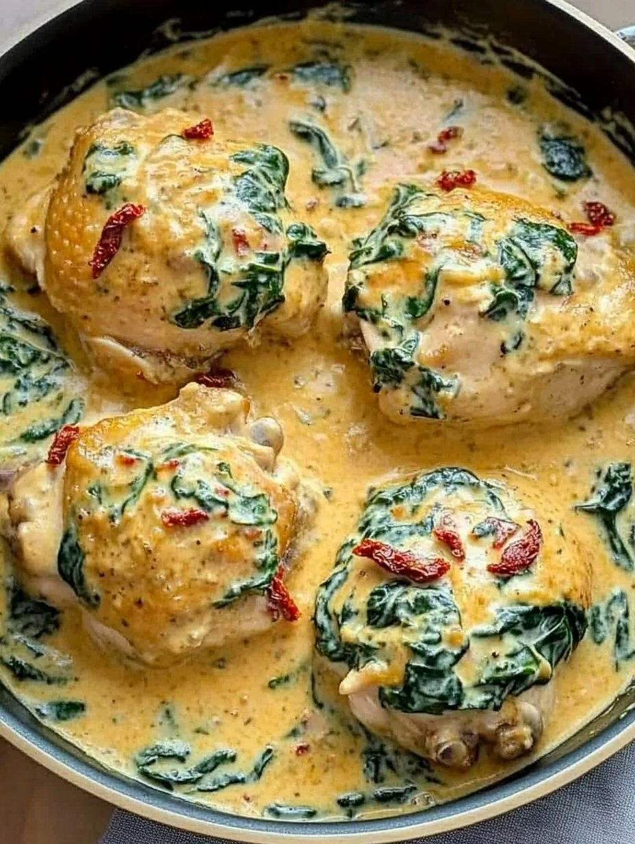 One-Pan Creamy Tuscan Chicken Thighs with Spinach & Sun-Dried Tomatoes