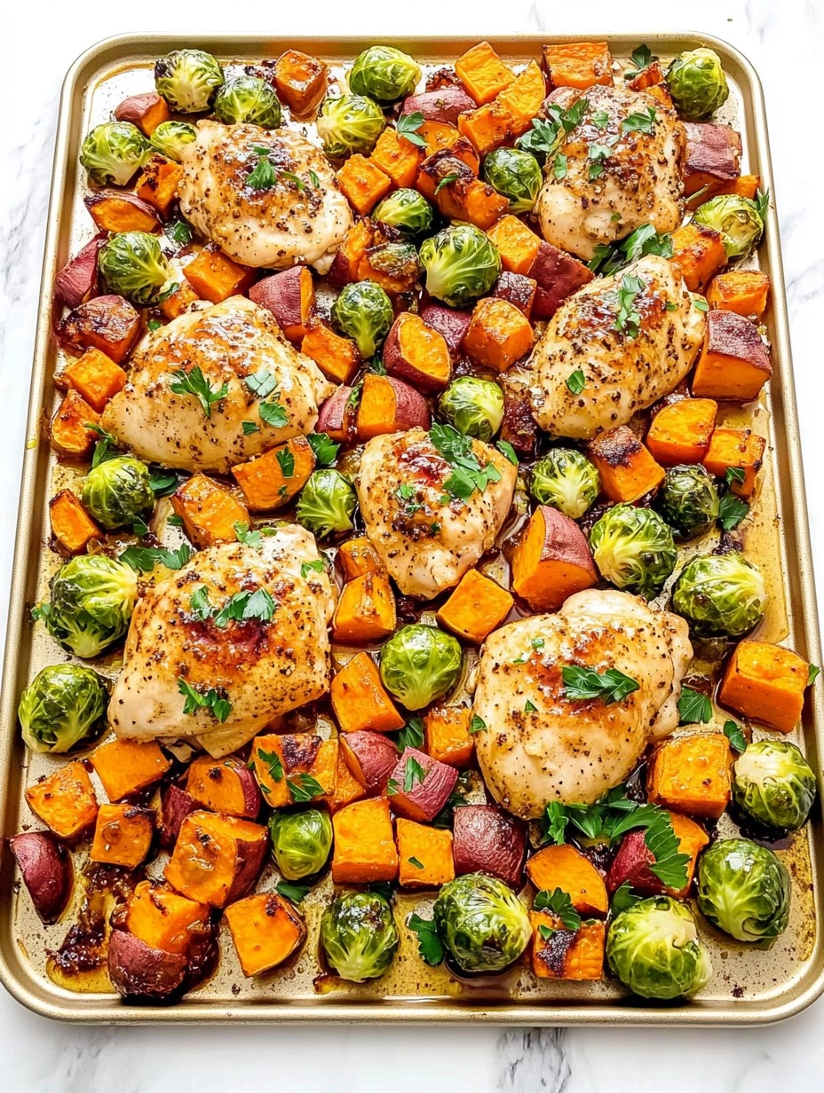 Sheet-Pan Maple Dijon Chicken with Brussels Sprouts & Sweet Potatoes
