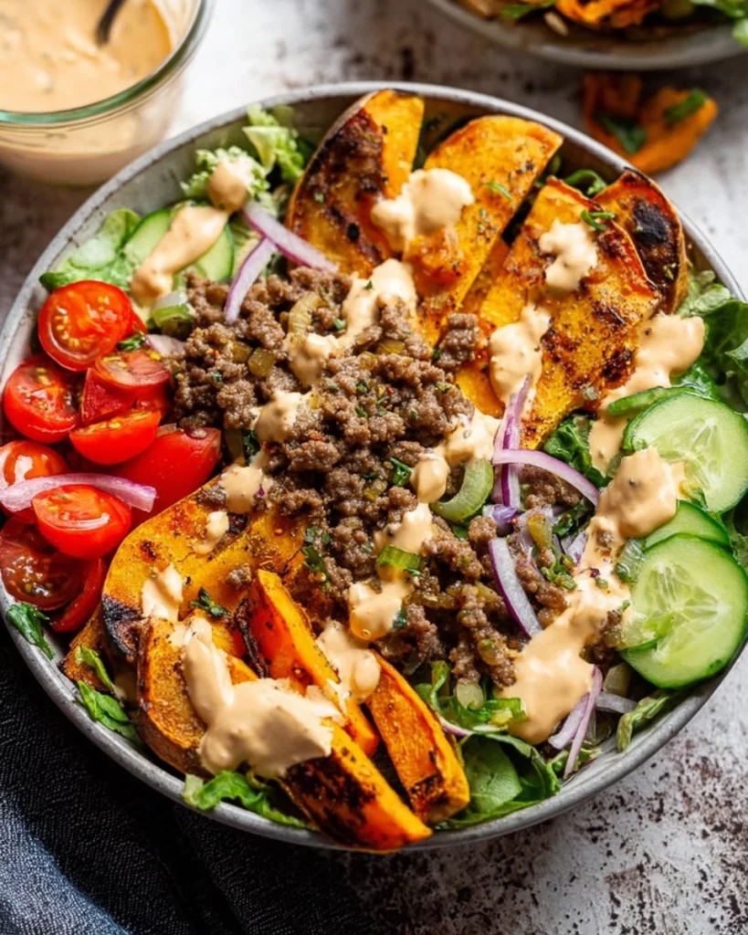 Burger-Bowls-with-Chipotle-Ranch-Sweet-Potato-Fries-Recipe