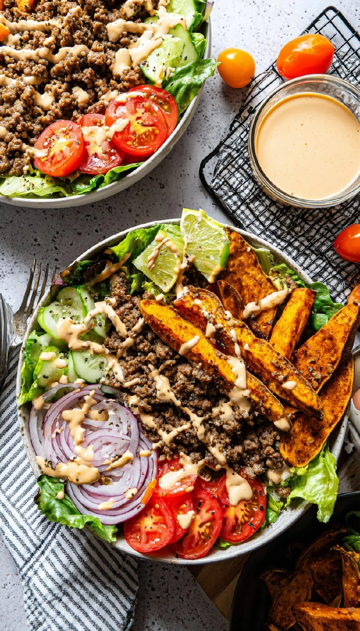 Burger Bowls with Chipotle Ranch Sweet Potato Fries 115 Burger Bowls with Chipotle Ranch Sweet Potato Fries