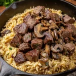 Steak-Bites-with-Creamy-Mushroom-Orzo-Recipe