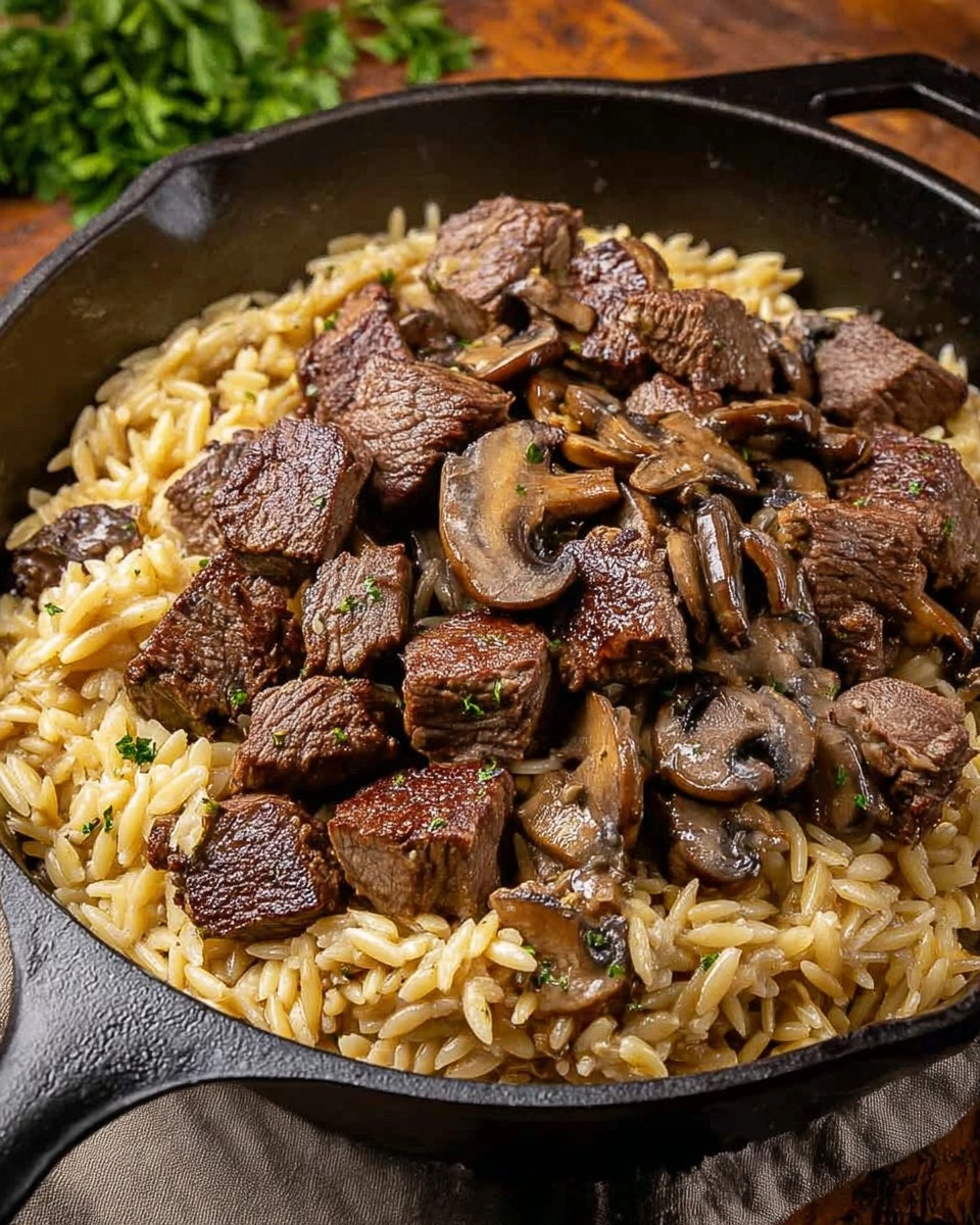 Steak-Bites-with-Creamy-Mushroom-Orzo-Recipe