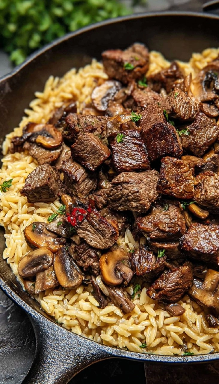 Steak Bites with Creamy Mushroom Orzo