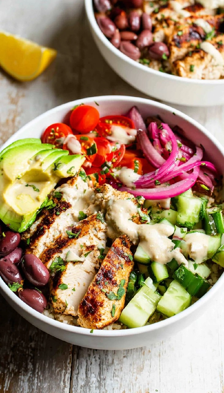 Greek Chicken Bowls with Lemon Garlic Tahini Sauce (Healthy Mediterranean Bowls)