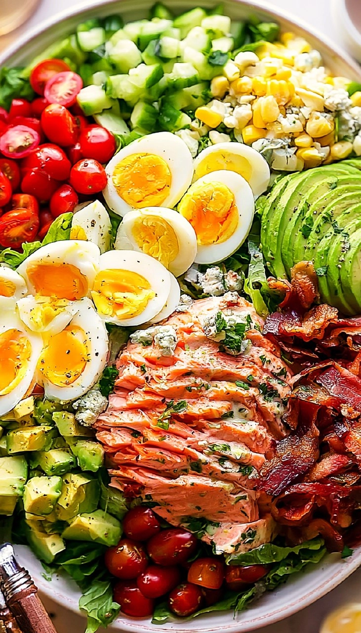 Salmon Cobb Salad with Avocado and Bacon (Whole30, Keto)