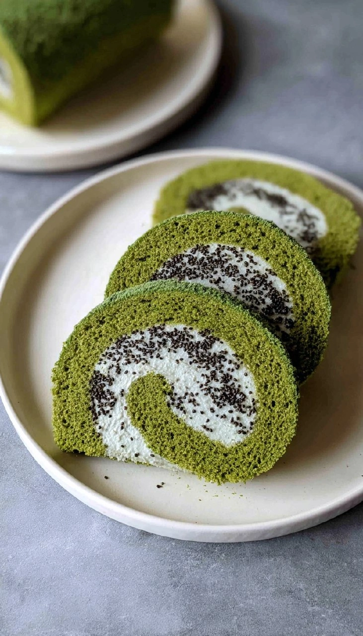Matcha Swiss Roll Cake with Black Sesame Mousse 105 Matcha Swiss Roll Cake with Black Sesame Mousse