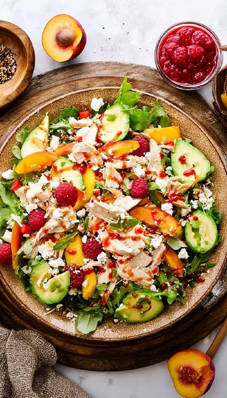 Chicken Salad with Peaches, Avocado & Fresh Raspberry Dressing 110 Chicken Salad with Peaches, Avocado & Fresh Raspberry Dressing