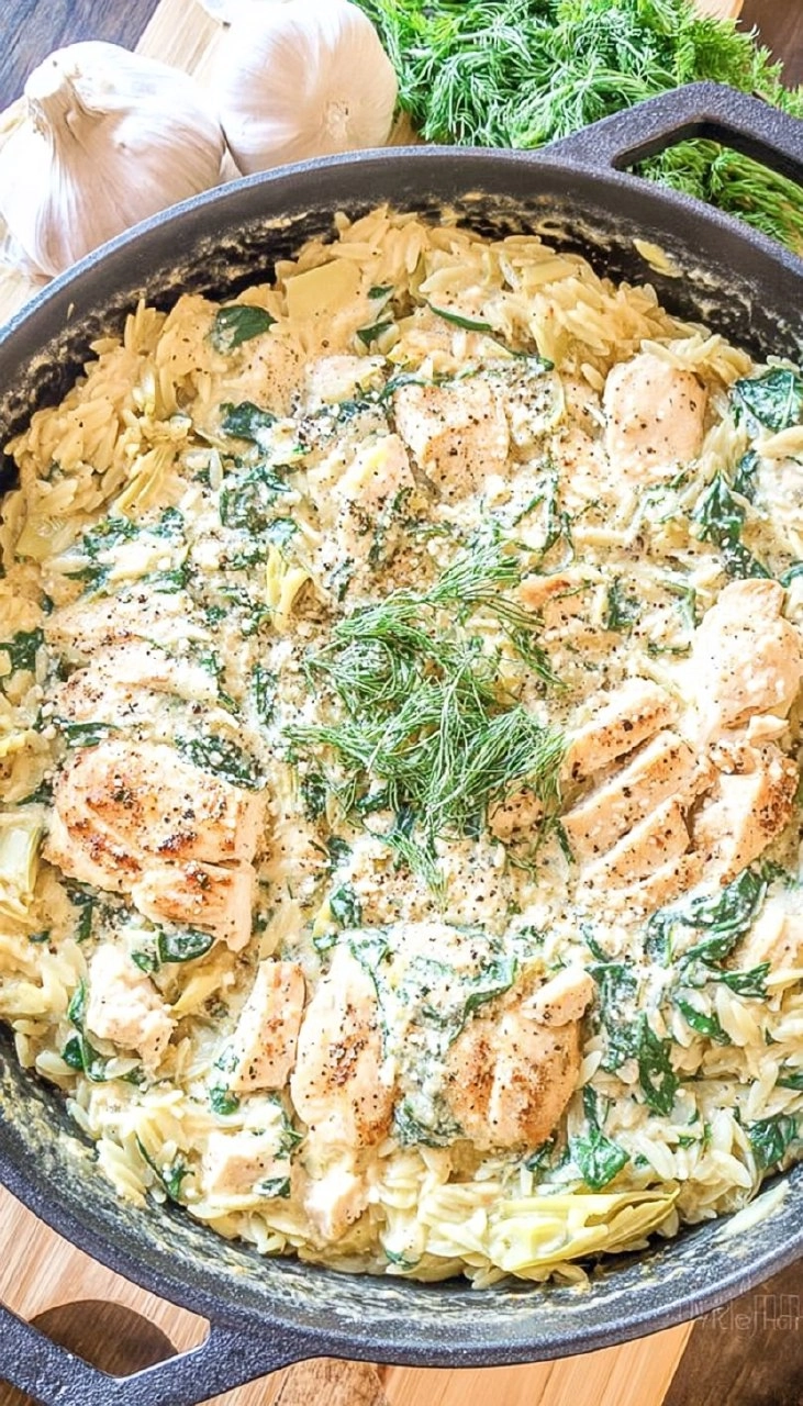 One Pot Spinach Artichoke Chicken Orzo
