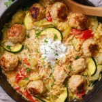 Summer Squash Orzo Skillet with Chicken Meatballs 131 Summer-Squash-Orzo-Skillet-with-Chicken-Meatballs-Recipe