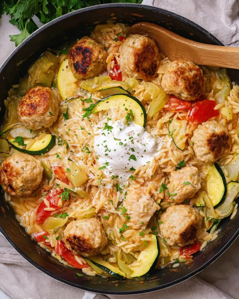 Summer-Squash-Orzo-Skillet-with-Chicken-Meatballs-Recipe