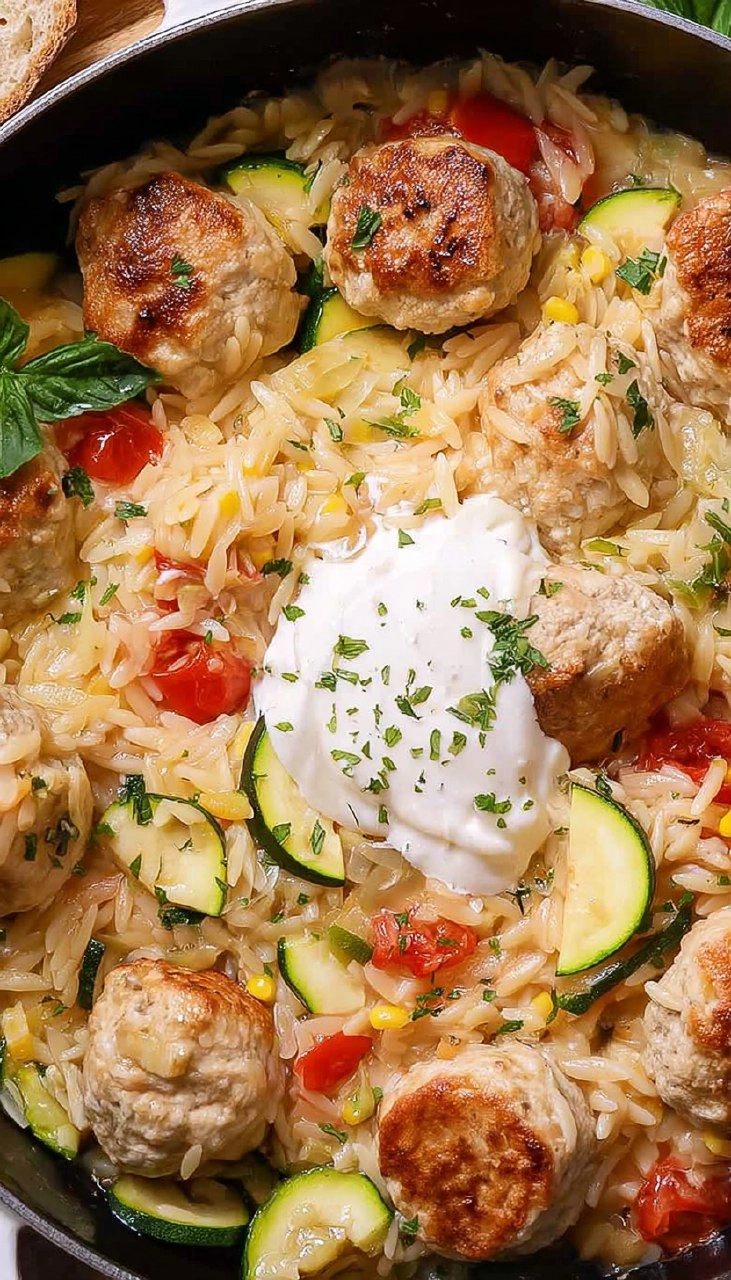 Summer Squash Orzo Skillet with Chicken Meatballs 130 Summer Squash Orzo Skillet with Chicken Meatballs