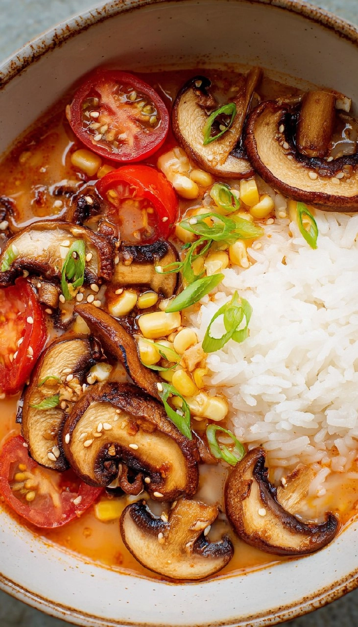 Tomato Miso Soup with Garlic Sesame Mushrooms